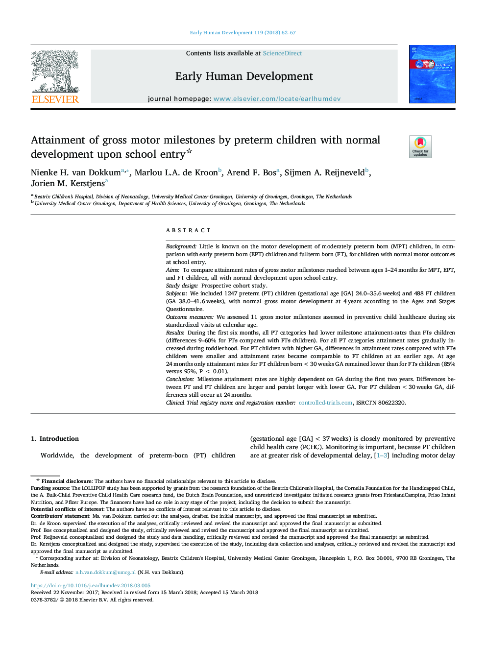 Attainment of gross motor milestones by preterm children with normal development upon school entry