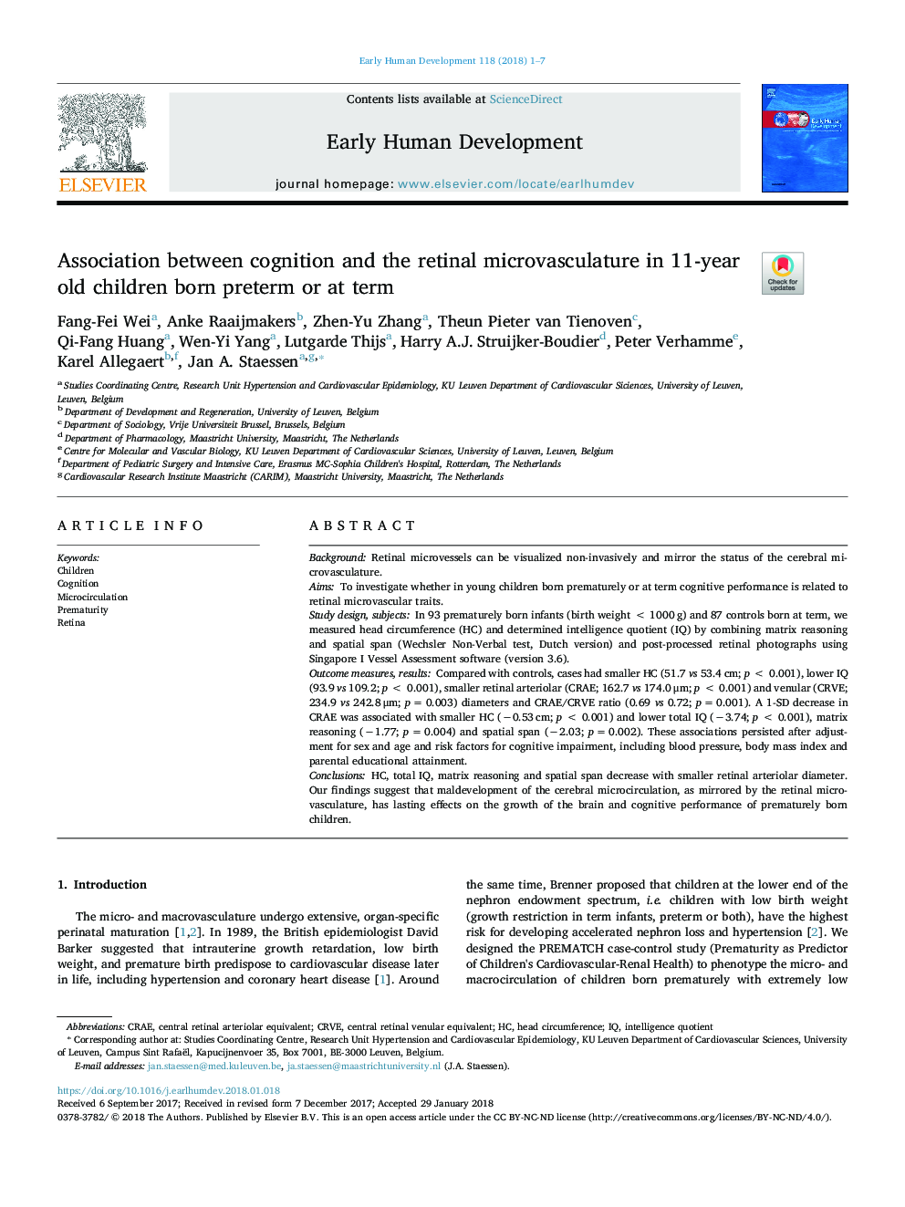 Association between cognition and the retinal microvasculature in 11-year old children born preterm or at term