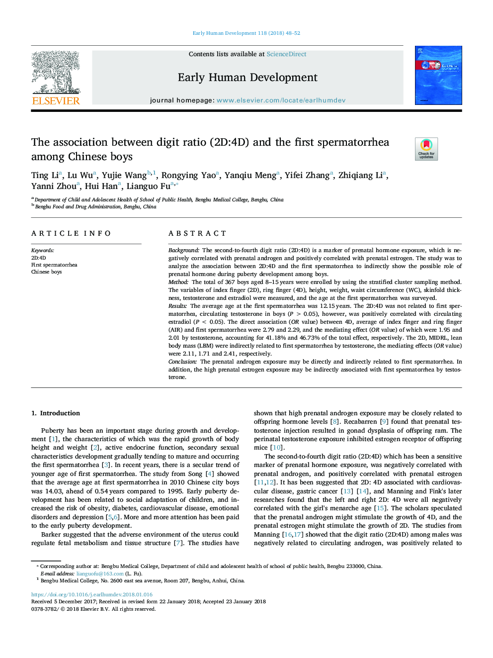 The association between digit ratio (2D:4D) and the first spermatorrhea among Chinese boys