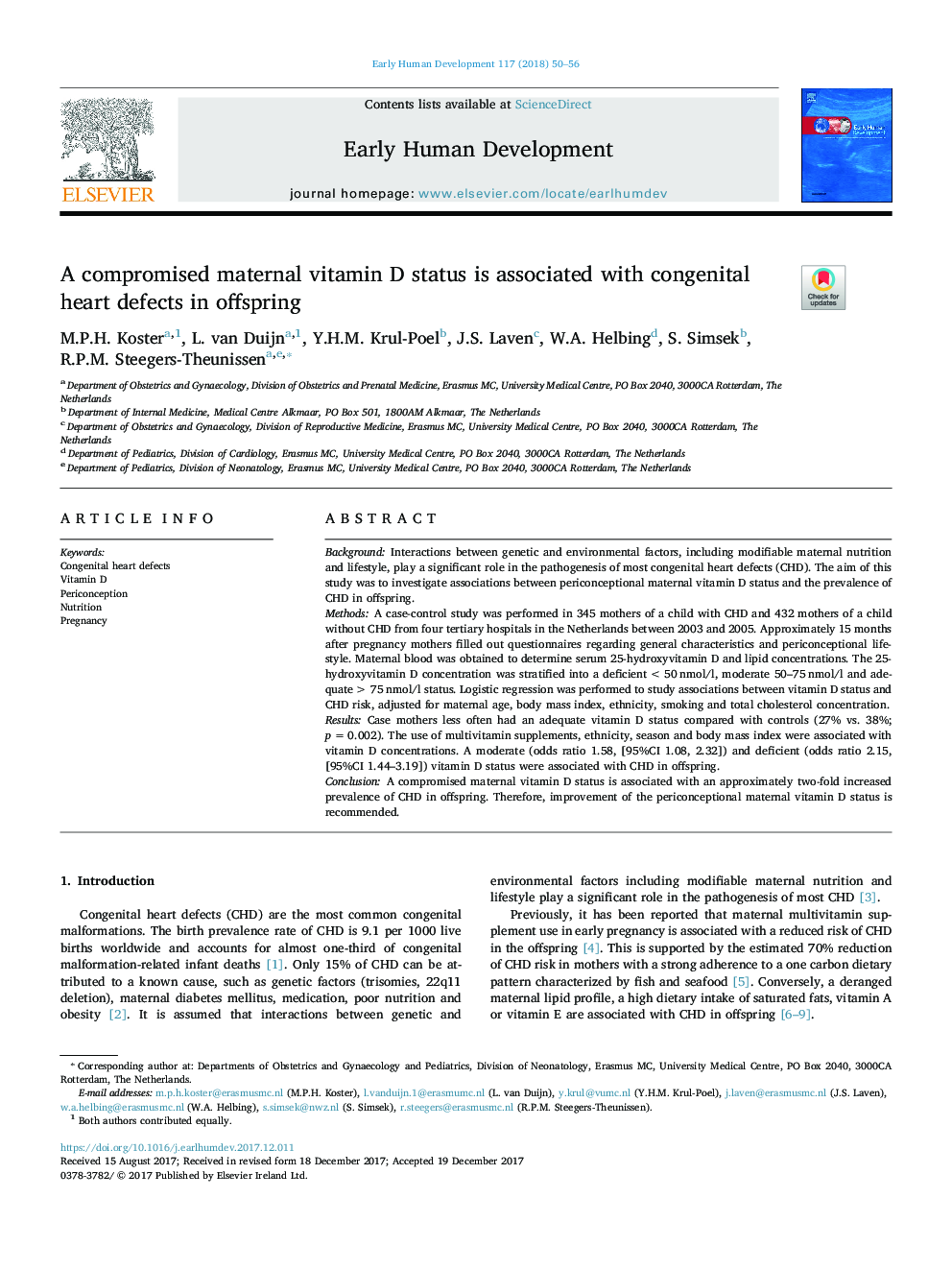 A compromised maternal vitamin D status is associated with congenital heart defects in offspring