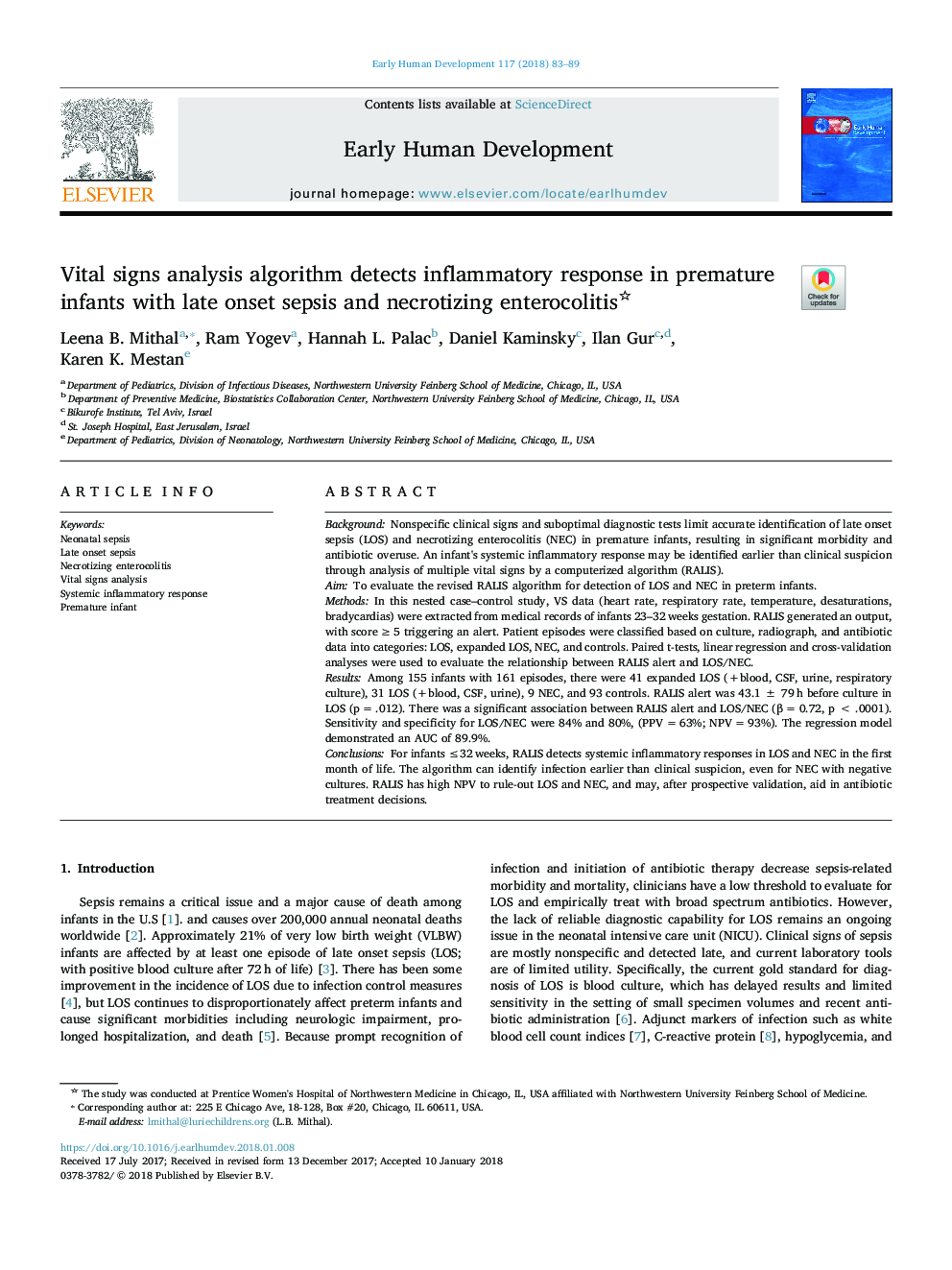 Vital signs analysis algorithm detects inflammatory response in premature infants with late onset sepsis and necrotizing enterocolitis