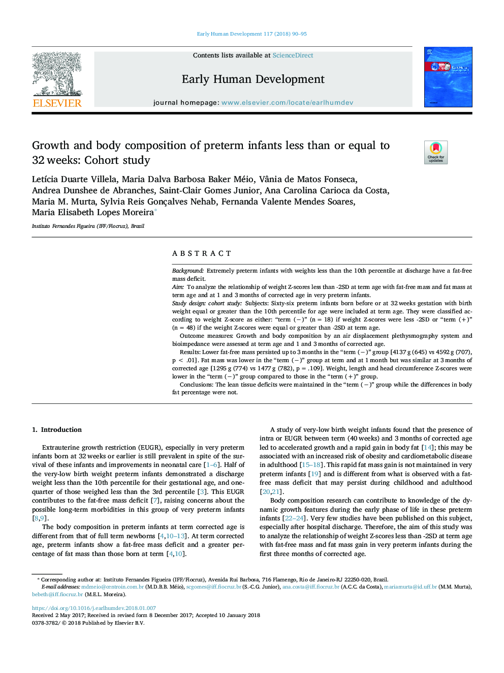 Growth and body composition of preterm infants less than or equal to 32â¯weeks: Cohort study