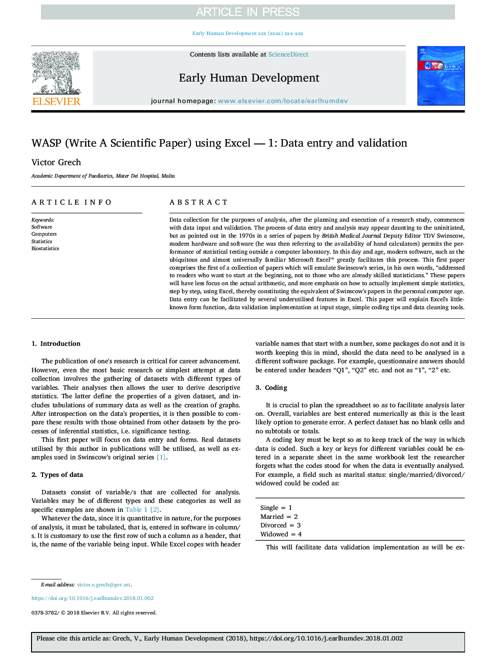 WASP (Write a Scientific Paper) using Excel - 1: Data entry and validation