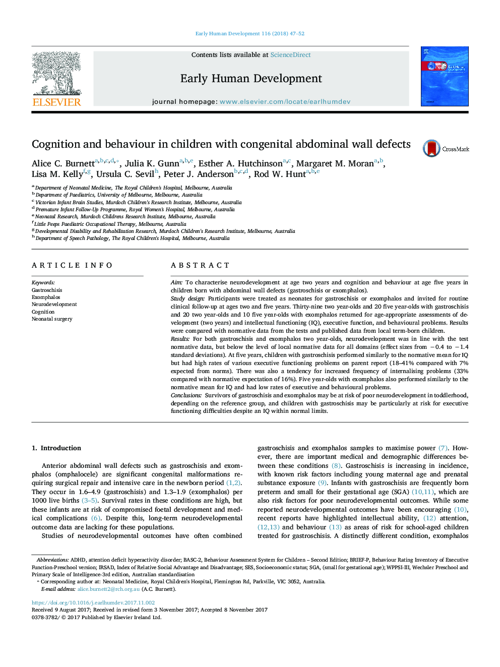 Cognition and behaviour in children with congenital abdominal wall defects