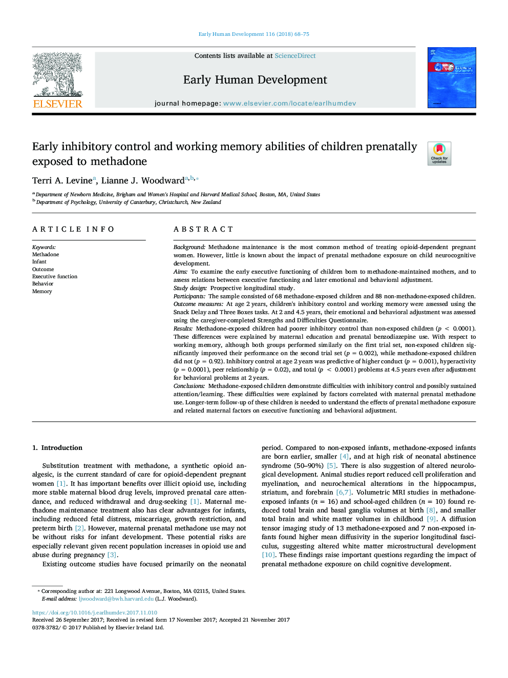 Early inhibitory control and working memory abilities of children prenatally exposed to methadone