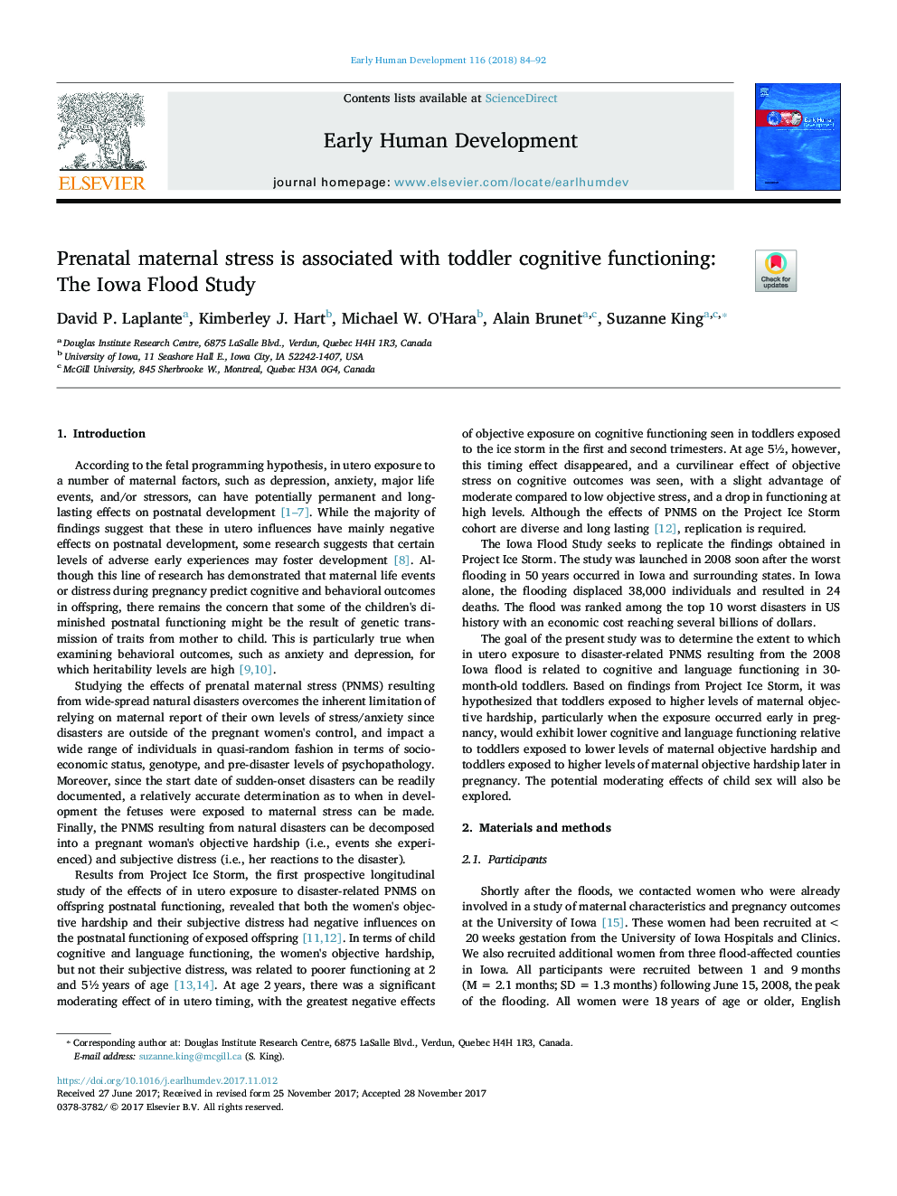 Prenatal maternal stress is associated with toddler cognitive functioning: The Iowa Flood Study