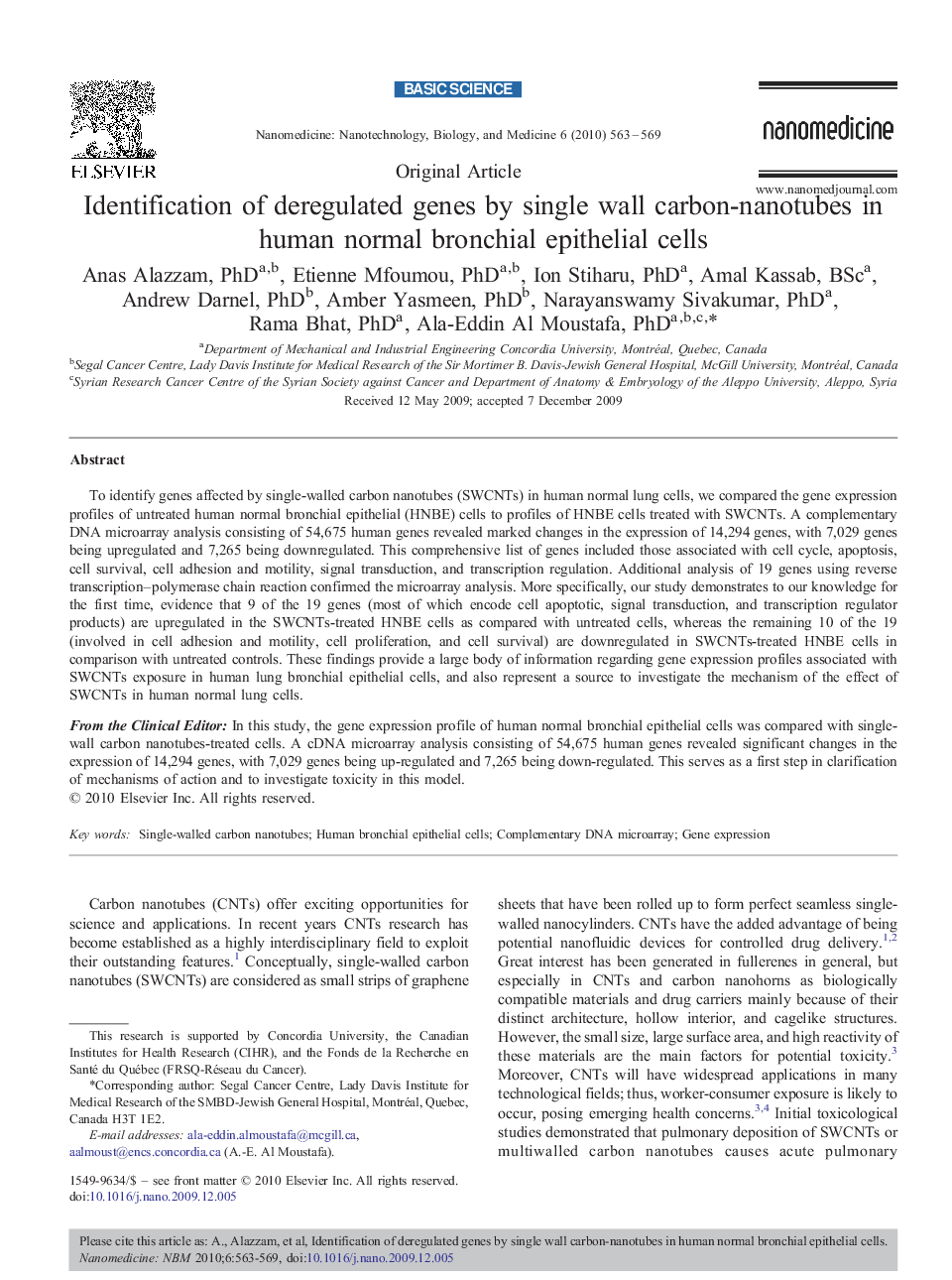 Identification of deregulated genes by single wall carbon-nanotubes in human normal bronchial epithelial cells 