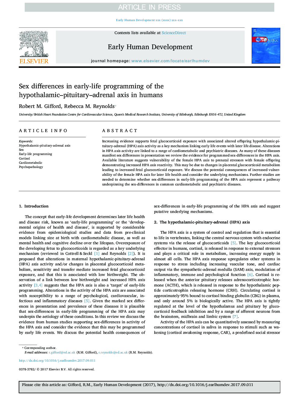 Sex differences in early-life programming of the hypothalamic-pituitary-adrenal axis in humans