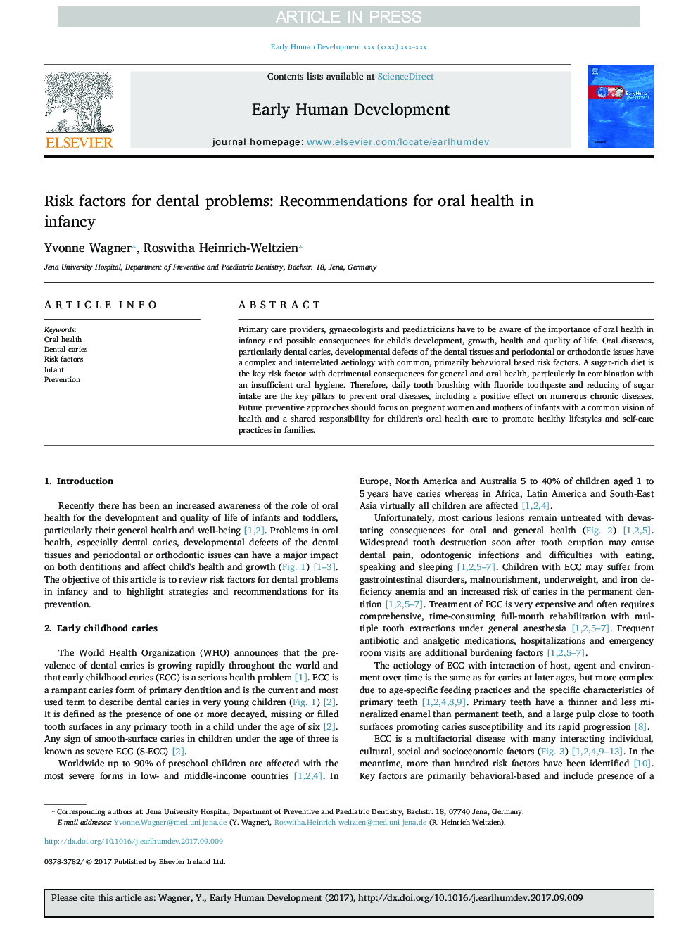 Risk factors for dental problems: Recommendations for oral health in infancy