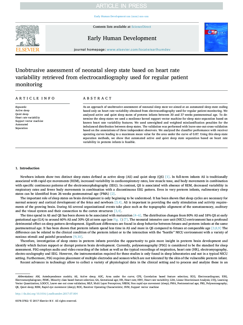 Unobtrusive assessment of neonatal sleep state based on heart rate variability retrieved from electrocardiography used for regular patient monitoring