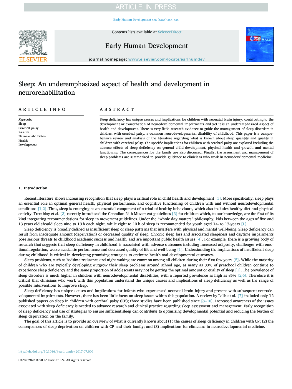 Sleep: An underemphasized aspect of health and development in neurorehabilitation