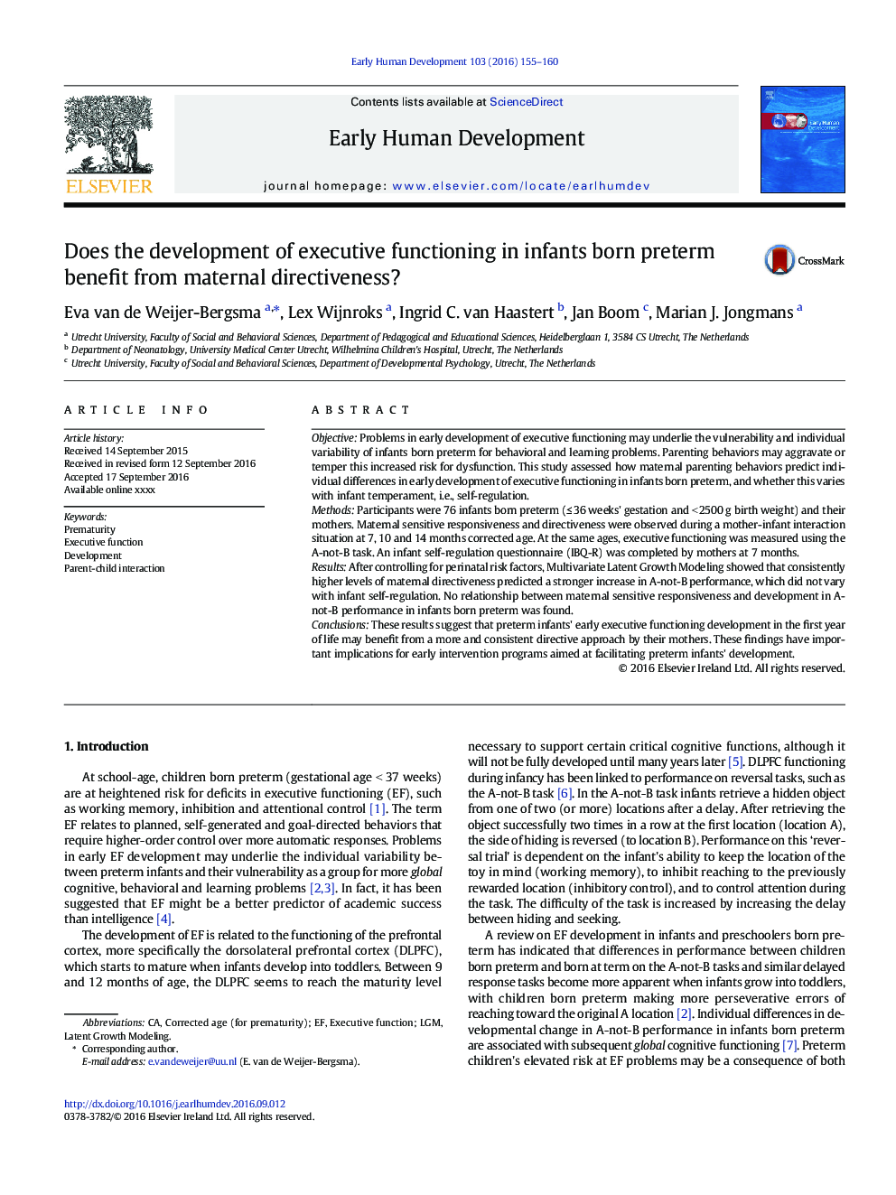 Does the development of executive functioning in infants born preterm benefit from maternal directiveness?