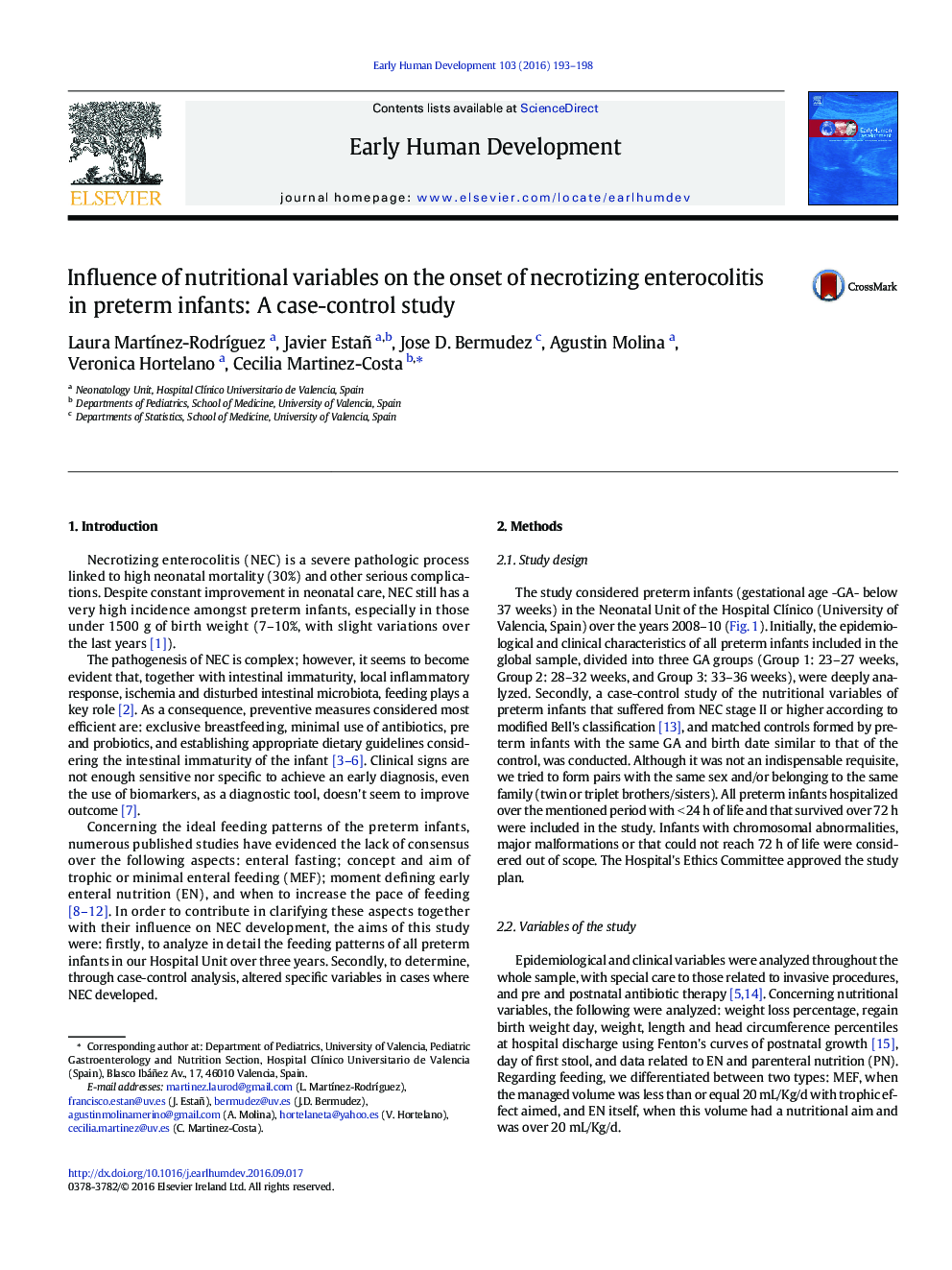 Influence of nutritional variables on the onset of necrotizing enterocolitis in preterm infants: A case-control study