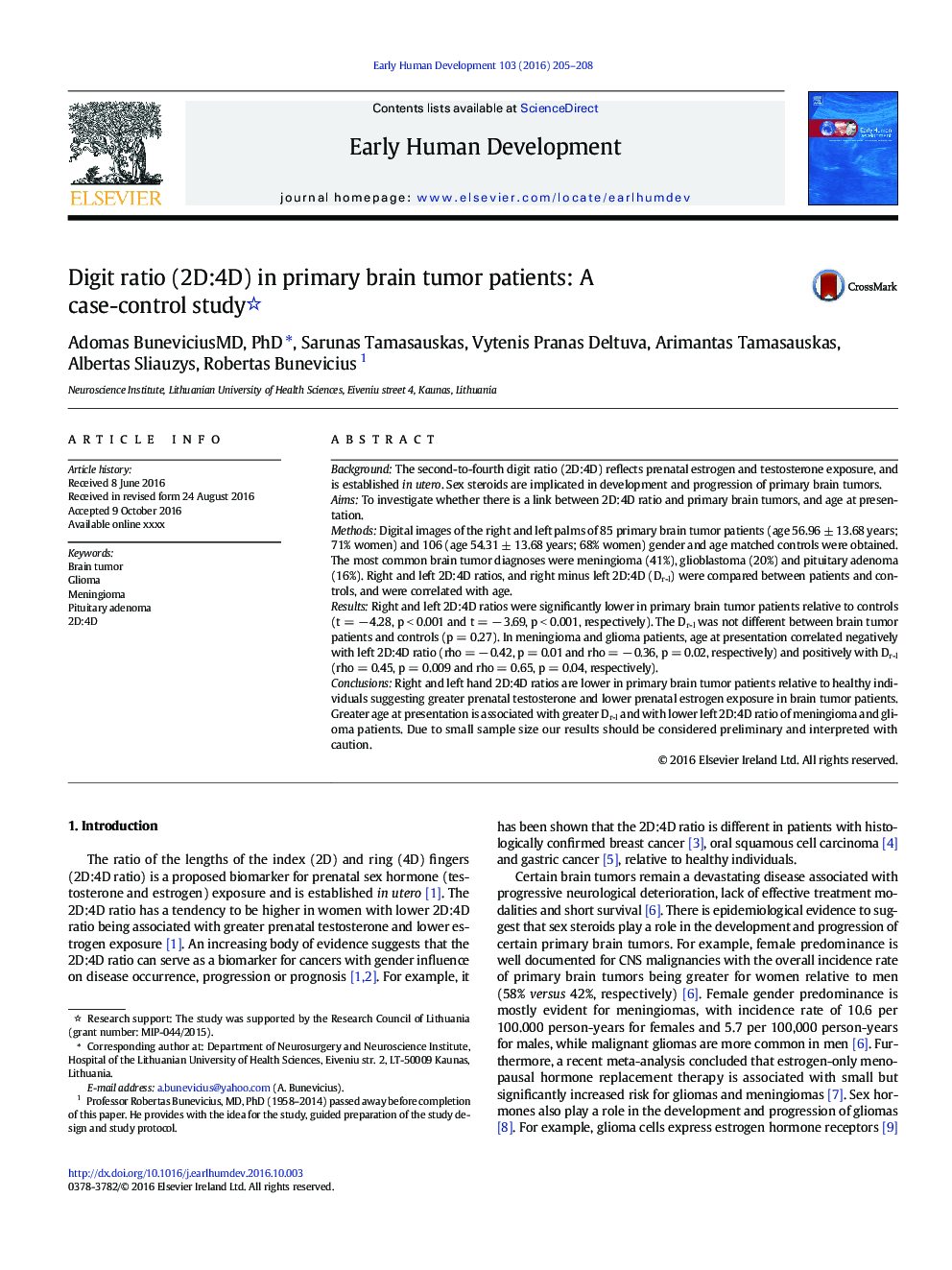 Digit ratio (2D:4D) in primary brain tumor patients: A case-control study