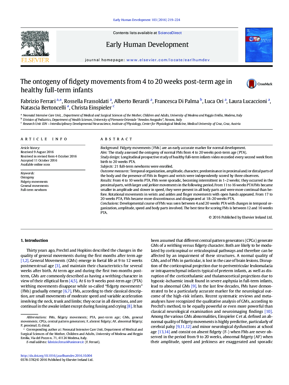 The ontogeny of fidgety movements from 4 to 20Â weeks post-term age in healthy full-term infants