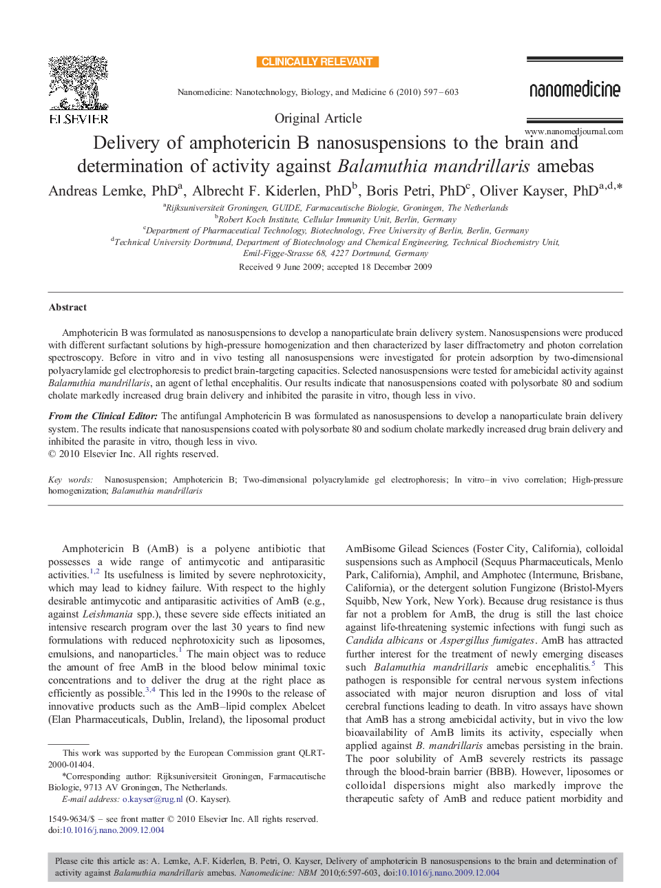 Delivery of amphotericin B nanosuspensions to the brain and determination of activity against Balamuthia mandrillaris amebas 