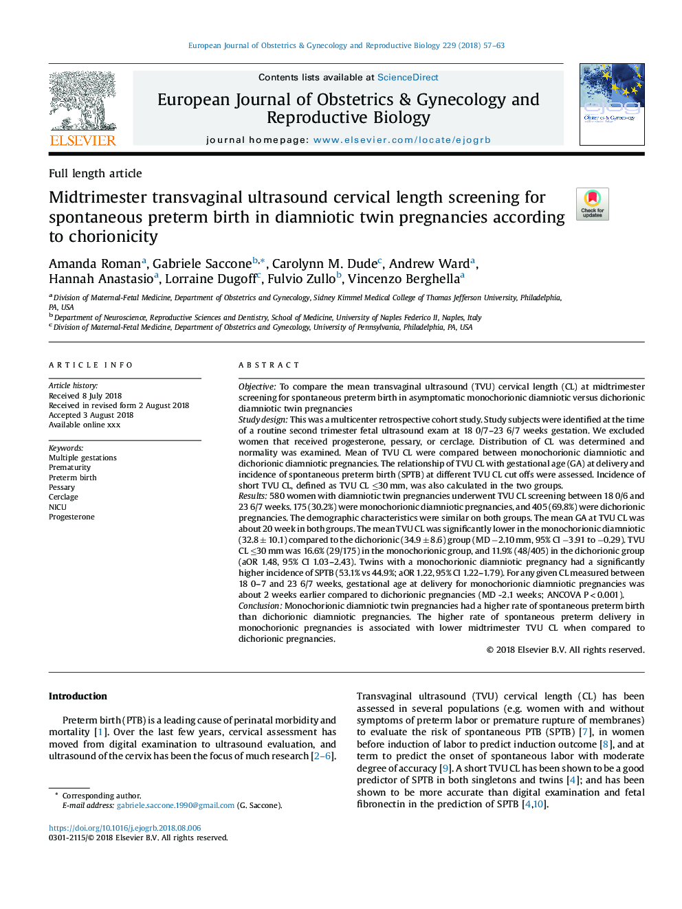 Midtrimester transvaginal ultrasound cervical length screening for spontaneous preterm birth in diamniotic twin pregnancies according to chorionicity