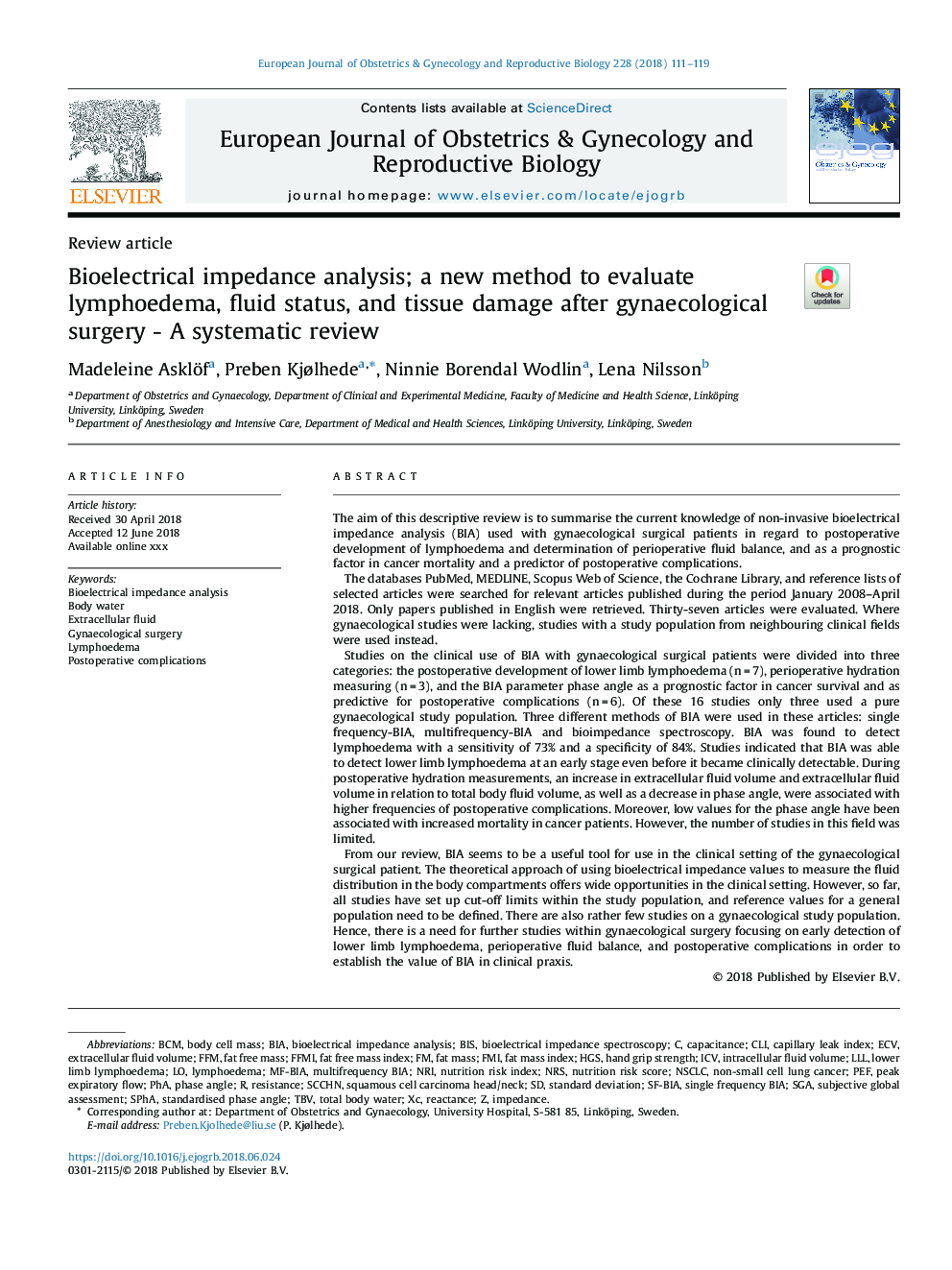 Bioelectrical impedance analysis; a new method to evaluate lymphoedema, fluid status, and tissue damage after gynaecological surgery - A systematic review