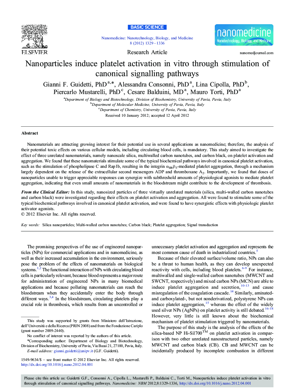 Nanoparticles induce platelet activation in vitro through stimulation of canonical signalling pathways 