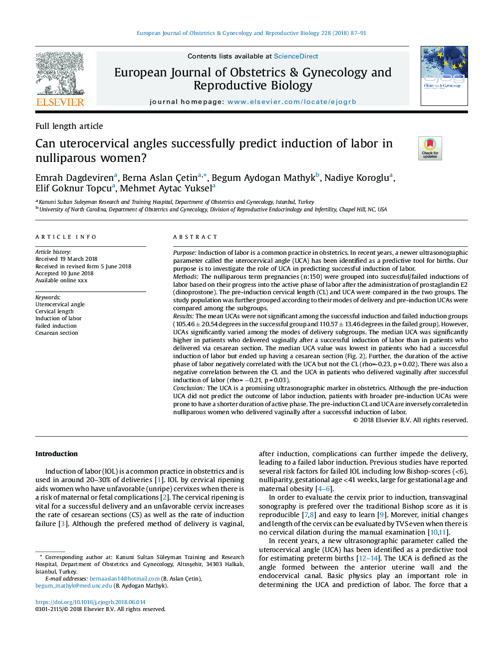 Can uterocervical angles successfully predict induction of labor in nulliparous women?