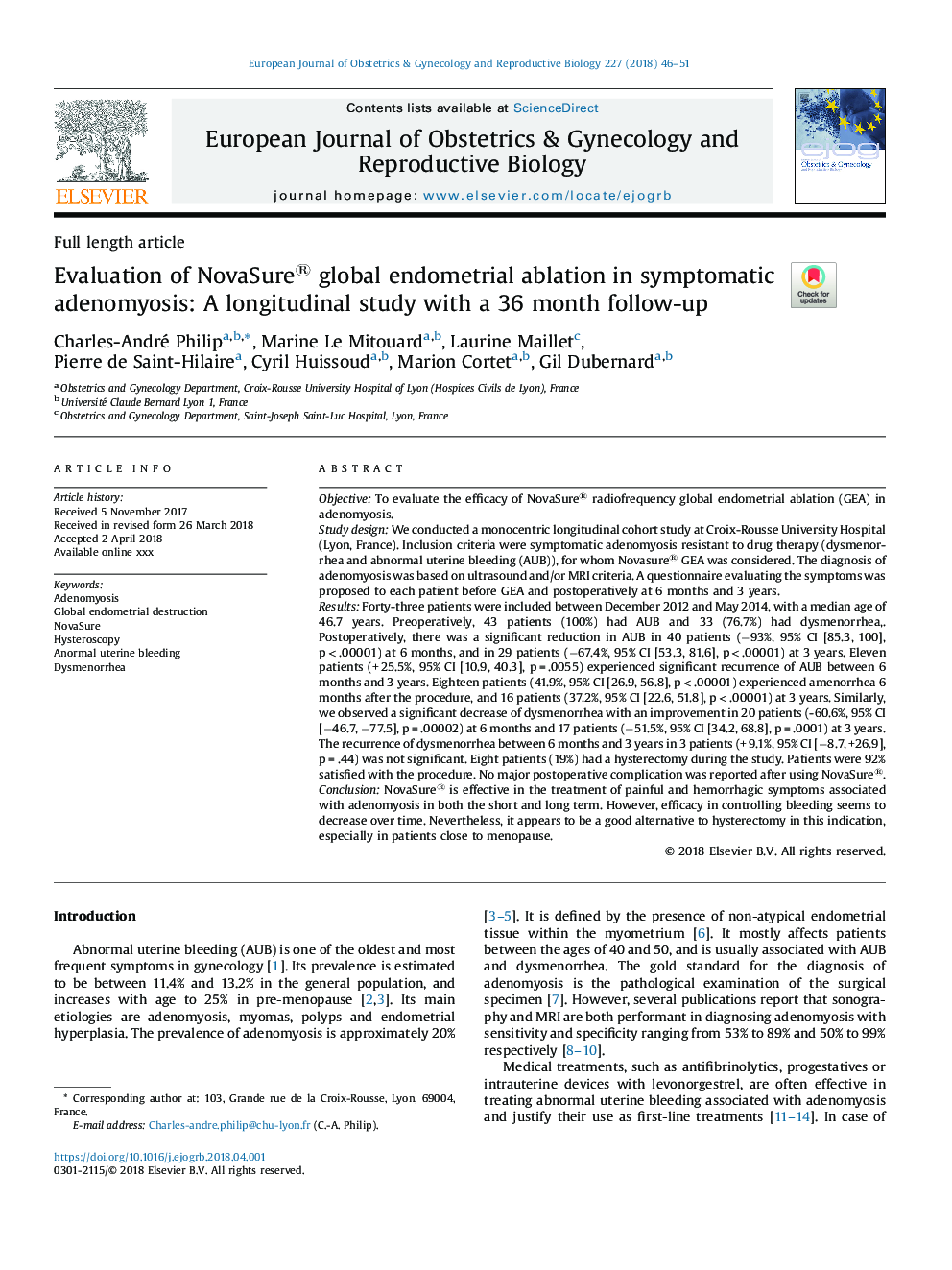 Evaluation of NovaSure® global endometrial ablation in symptomatic adenomyosis: A longitudinal study with a 36 month follow-up