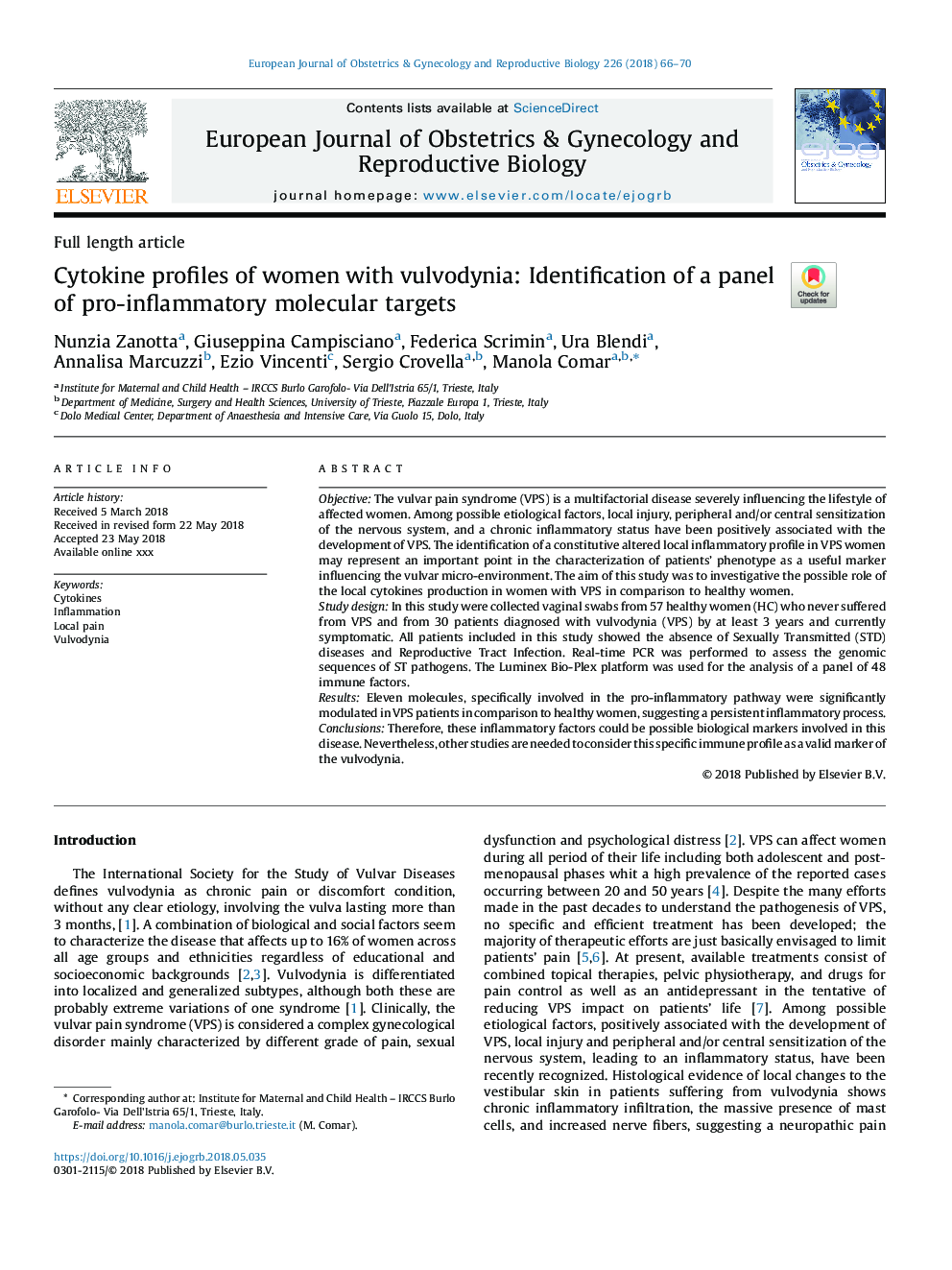 Cytokine profiles of women with vulvodynia: Identification of a panel of pro-inflammatory molecular targets