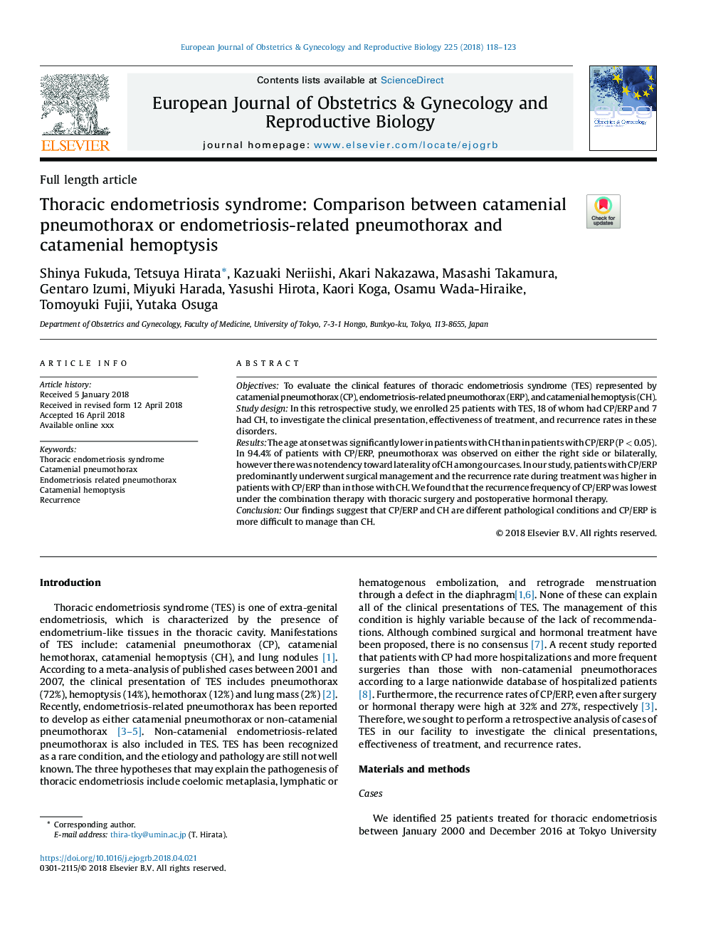 سندرم اندومتریوز توراسیک: مقایسه بین پنوموتوراکس کاتامنیال یا پنوموتوراکس مرتبط با آندومتریوز و هموپتیز کاتامنی 