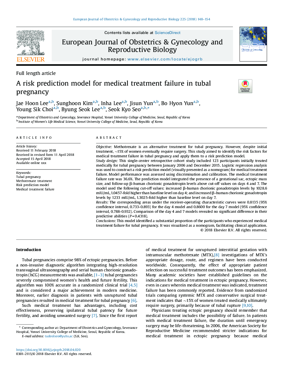 A risk prediction model for medical treatment failure in tubal pregnancy