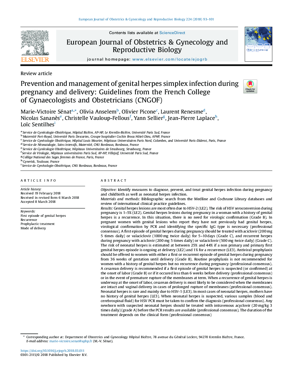 Prevention and management of genital herpes simplex infection during pregnancy and delivery: Guidelines from the French College of Gynaecologists and Obstetricians (CNGOF)