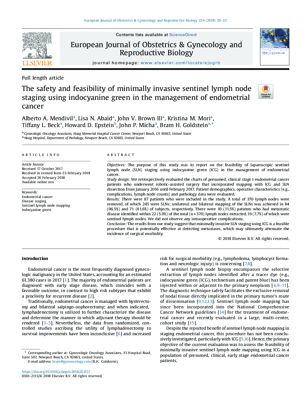 The safety and feasibility of minimally invasive sentinel lymph node staging using indocyanine green in the management of endometrial cancer