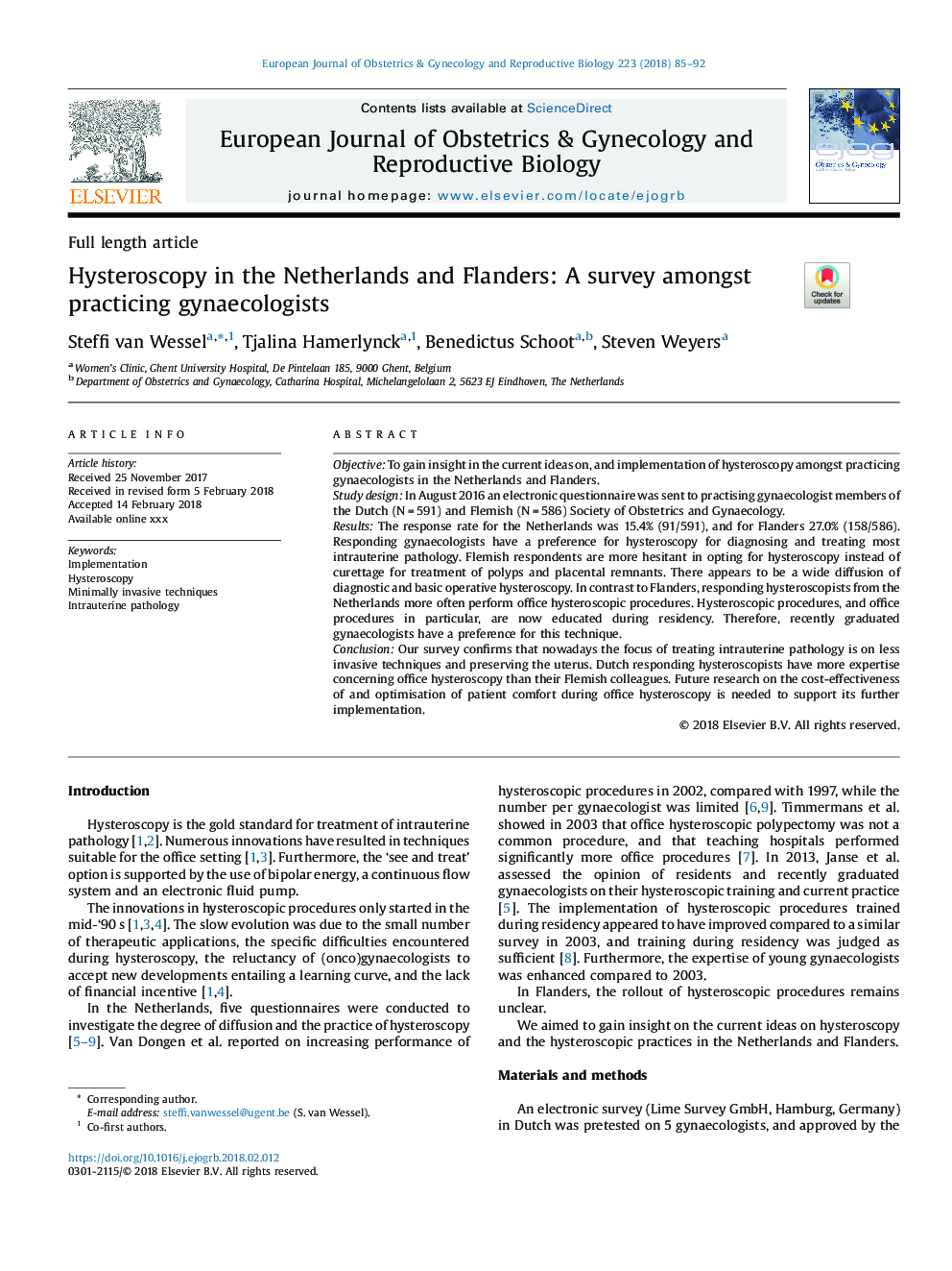 Hysteroscopy in the Netherlands and Flanders: A survey amongst practicing gynaecologists