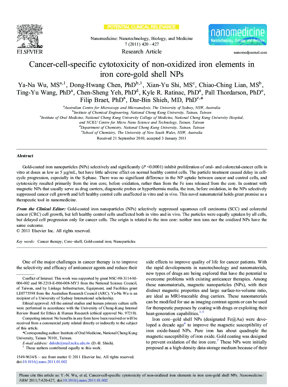 عکس صفحه اول مقاله: Cancer-cell-specific cytotoxicity of non-oxidized iron elements in iron core-gold shell NPs Cancer-cell-specific cytotoxicity of non-oxidized iron elements in iron core-gold shell NPs