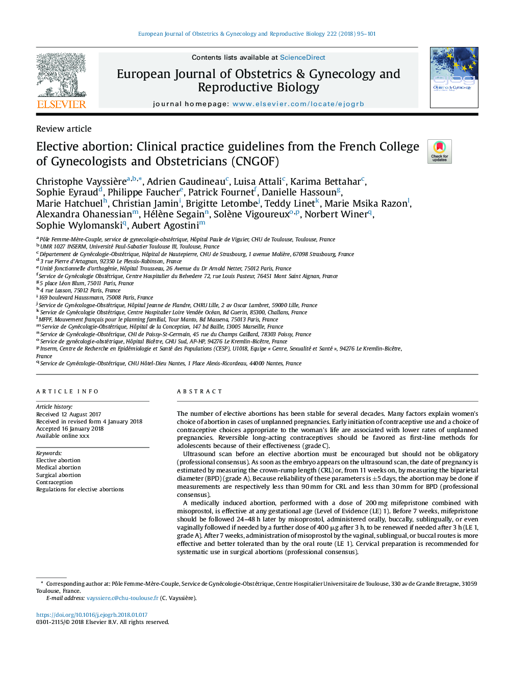 Elective abortion: Clinical practice guidelines from the French College of Gynecologists and Obstetricians (CNGOF)