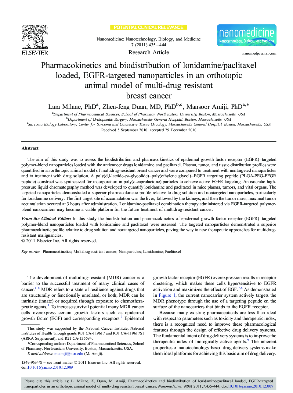 Pharmacokinetics and biodistribution of lonidamine/paclitaxel loaded, EGFR-targeted nanoparticles in an orthotopic animal model of multi-drug resistant breast cancer 