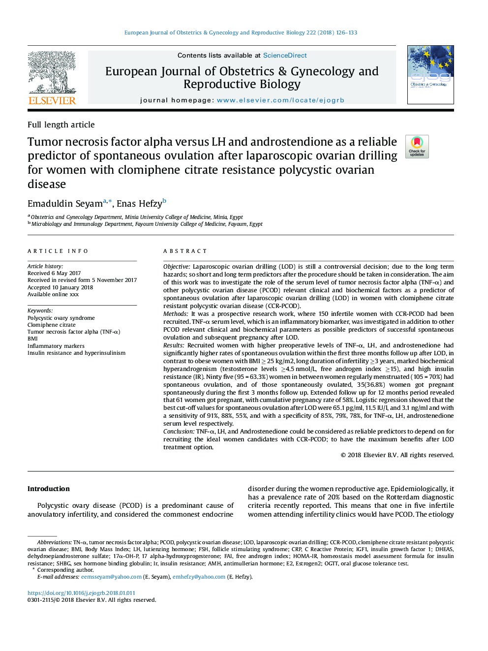 Tumor necrosis factor alpha versus LH and androstendione as a reliable predictor of spontaneous ovulation after laparoscopic ovarian drilling for women with clomiphene citrate resistance polycystic ovarian disease