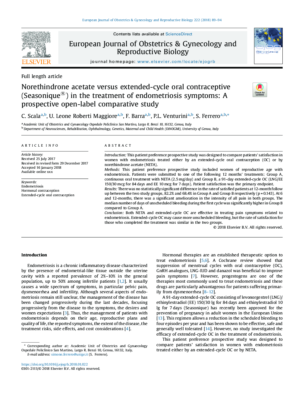 Norethindrone acetate versus extended-cycle oral contraceptive (Seasonique®) in the treatment of endometriosis symptoms: A prospective open-label comparative study