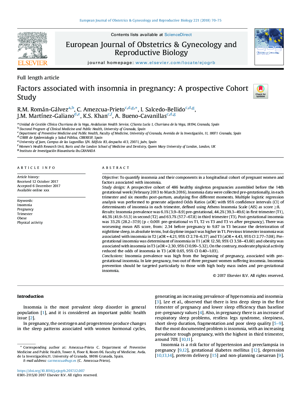 Factors associated with insomnia in pregnancy: A prospective Cohort Study