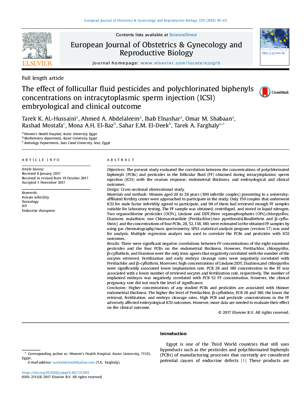 The effect of follicullar fluid pesticides and polychlorinated biphenyls concentrations on intracytoplasmic sperm injection (ICSI) embryological and clinical outcome