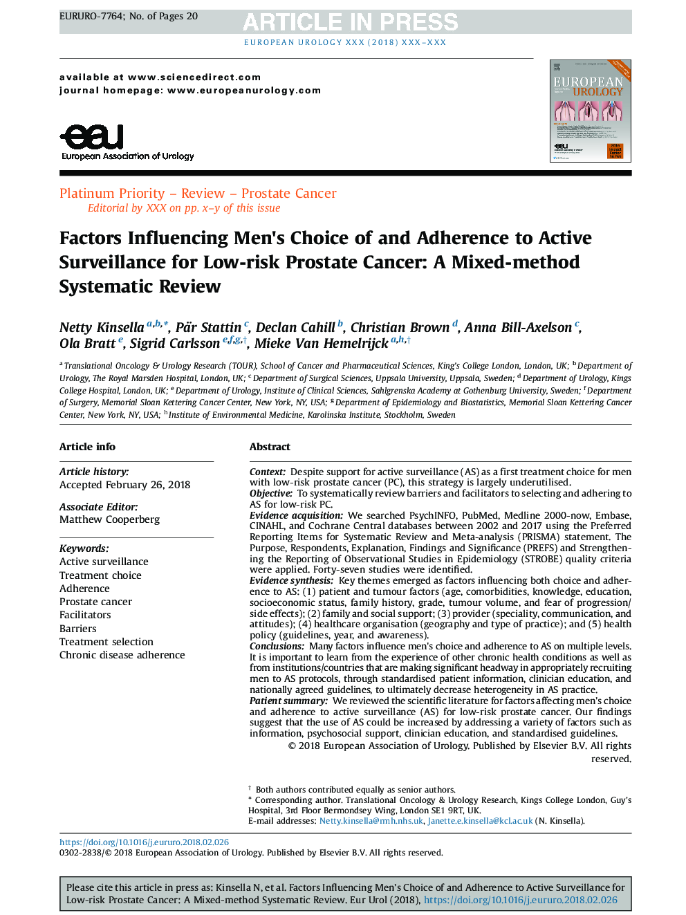 Factors Influencing Men's Choice of and Adherence to Active Surveillance for Low-risk Prostate Cancer: A Mixed-method Systematic Review