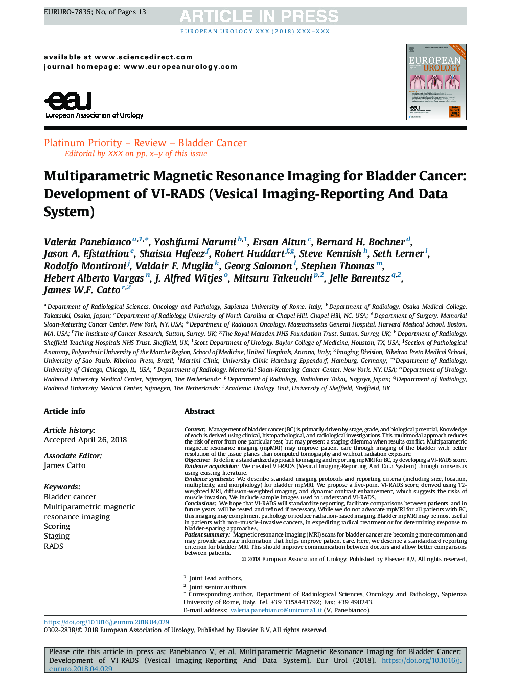 Multiparametric Magnetic Resonance Imaging for Bladder Cancer: Development of VI-RADS (Vesical Imaging-Reporting And Data System)
