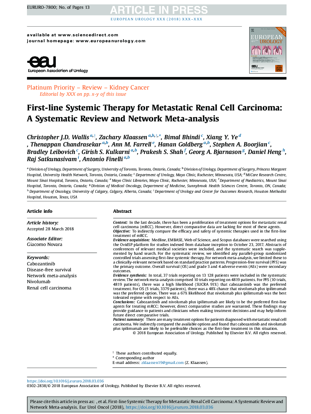 First-line Systemic Therapy for Metastatic Renal Cell Carcinoma: A Systematic Review and Network Meta-analysis