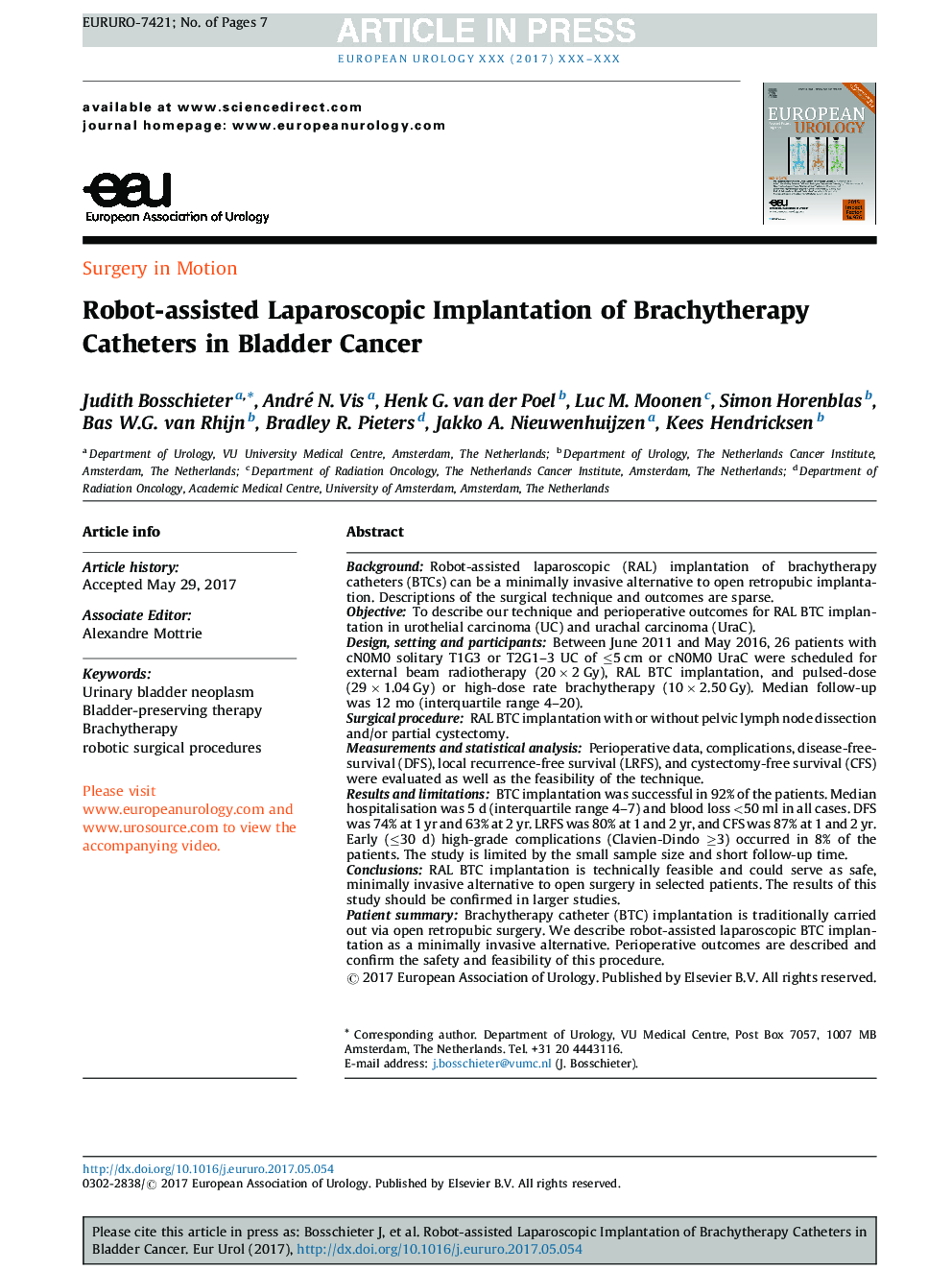 عکس صفحه اول مقاله: Robot-assisted Laparoscopic Implantation of Brachytherapy Catheters in Bladder Cancer Robot-assisted Laparoscopic Implantation of Brachytherapy Catheters in Bladder Cancer