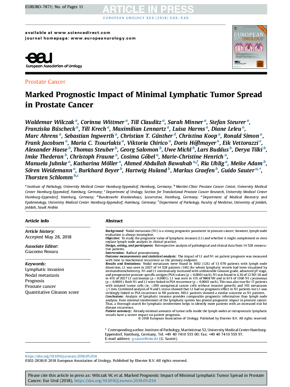 Marked Prognostic Impact of Minimal Lymphatic Tumor Spread in Prostate Cancer