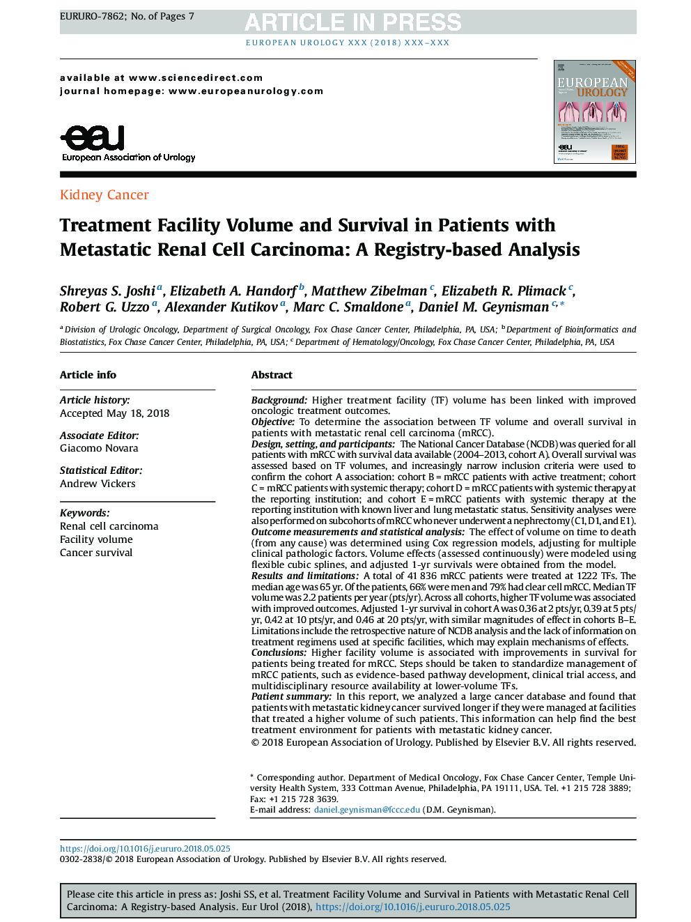 دوره درمان و میزان بقا در بیماران مبتلا به کارسینوم سلول های کلیه متاستاتیک: یک تجزیه و تحلیل مبتنی بر رجیستری 