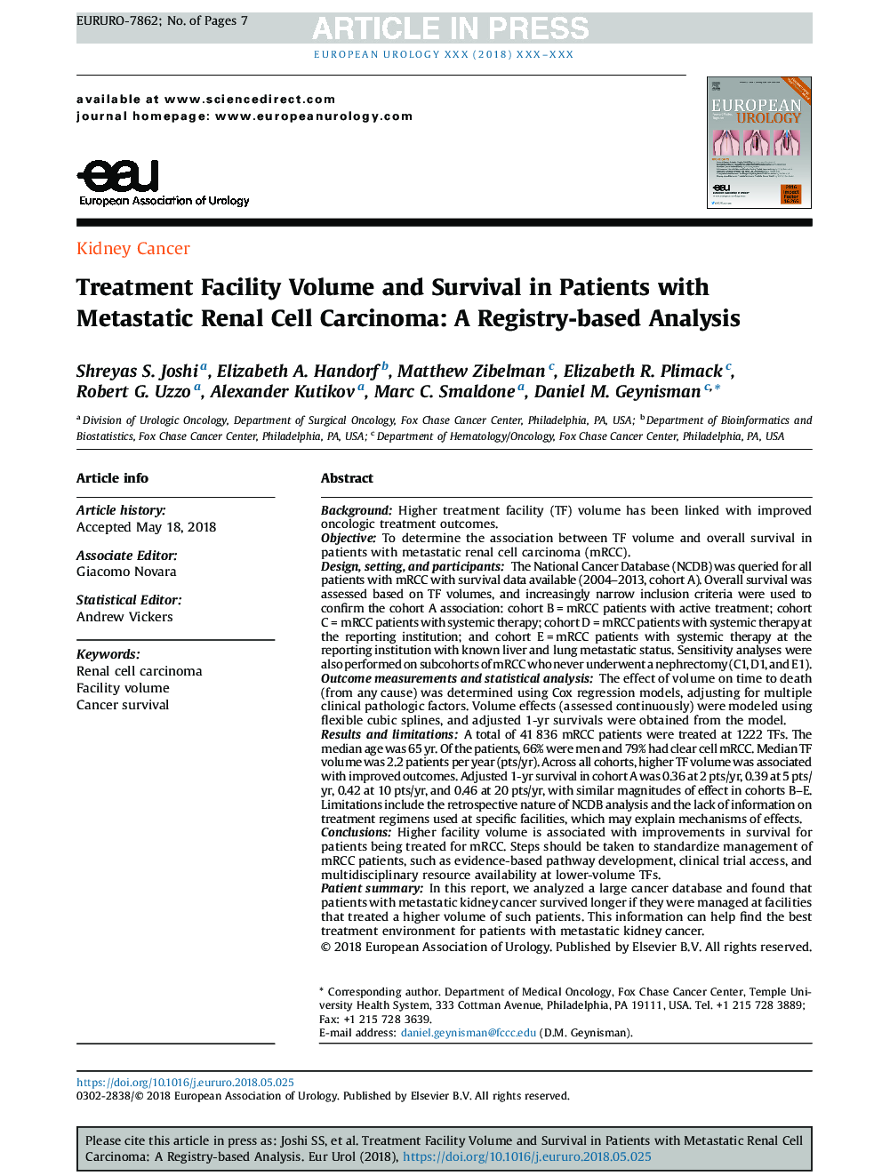 Treatment Facility Volume and Survival in Patients with Metastatic Renal Cell Carcinoma: A Registry-based Analysis