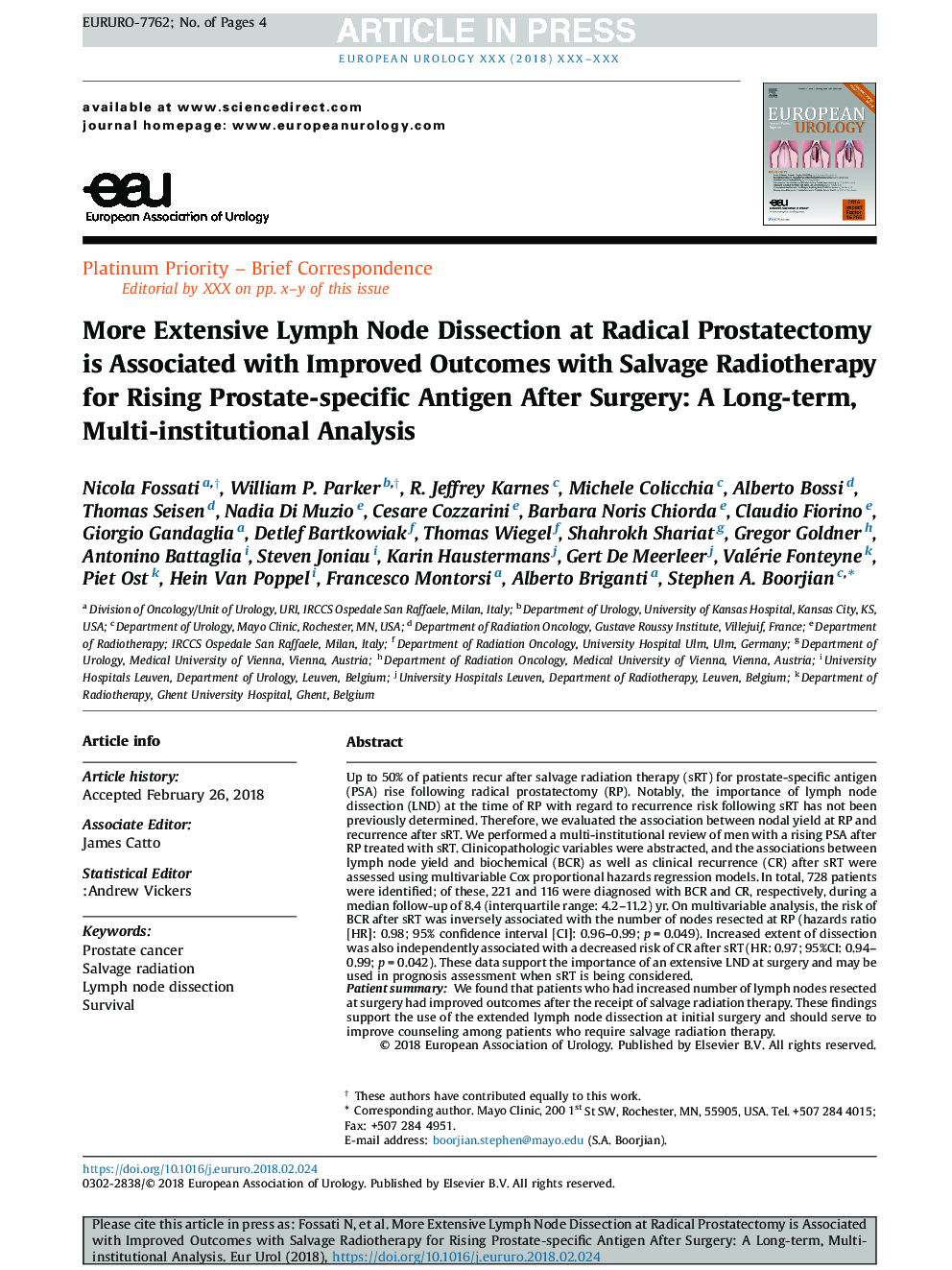 More Extensive Lymph Node Dissection at Radical Prostatectomy is Associated with Improved Outcomes with Salvage Radiotherapy for Rising Prostate-specific Antigen After Surgery: A Long-term, Multi-institutional Analysis