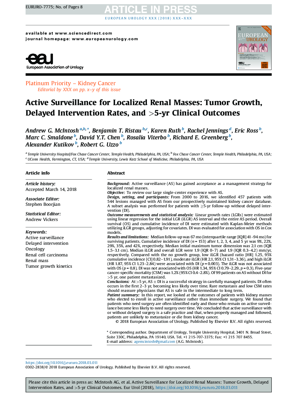 Active Surveillance for Localized Renal Masses: Tumor Growth, Delayed Intervention Rates, and >5-yr Clinical Outcomes