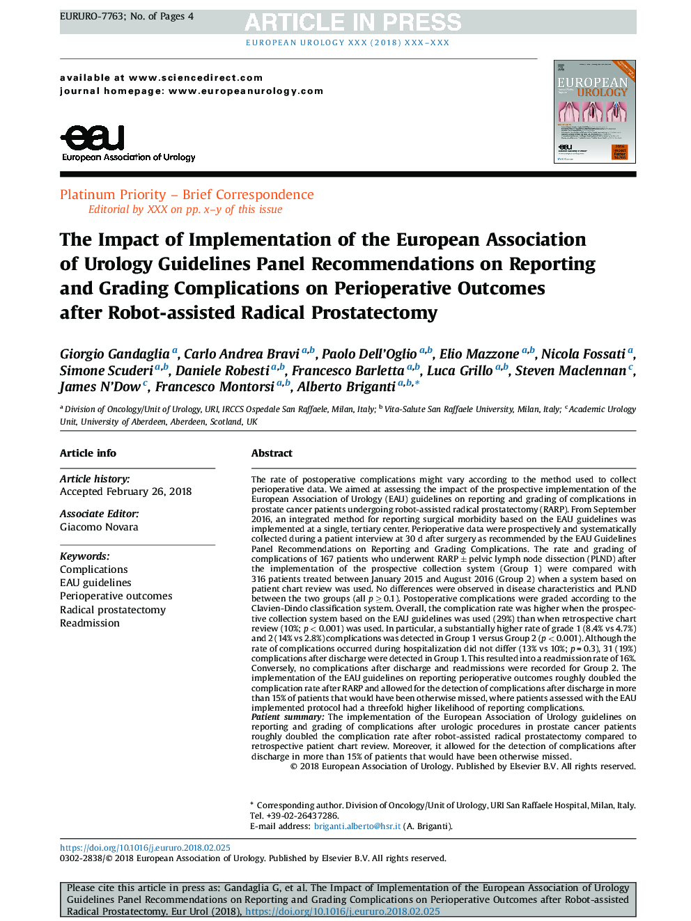 تأثیر پیاده سازی توصیه نامه پنل راهنمای انجمن ارولوژی اروپا در مورد عوارض گزارش و ارزیابی نتایج پس از عمل پس از پروستاتکتومی رادیکال با استفاده از ربات 