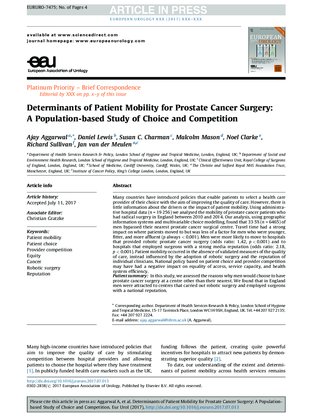 عوامل تعیین کننده تحرک بیمار برای جراحی سرطان پروستات: مطالعه مبتنی بر جمعیت انتخاب و رقابت 