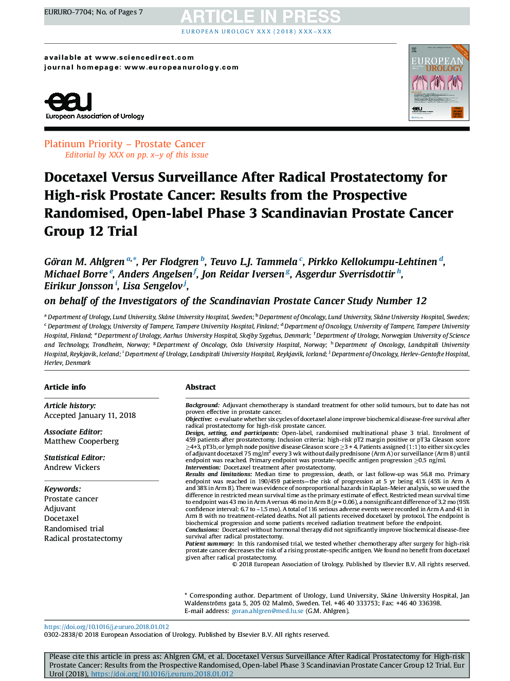 Docetaxel Versus Surveillance After Radical Prostatectomy for High-risk Prostate Cancer: Results from the Prospective Randomised, Open-label Phase 3 Scandinavian Prostate Cancer Group 12 Trial